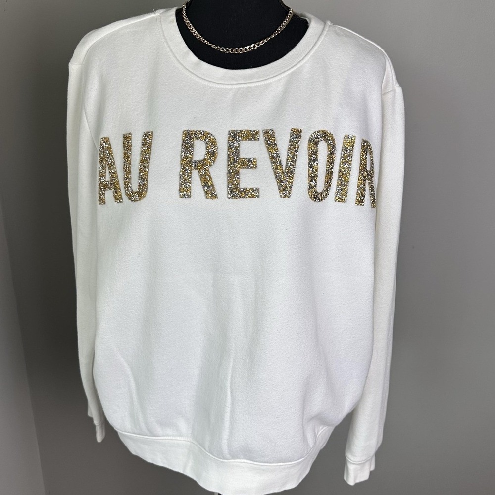 H&M Sweatshirt Womens‎ Large White AU REVOIR Rhinestone Embellished Crewneck